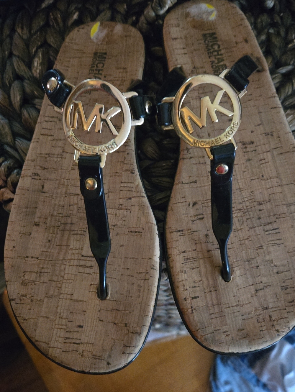 Michael Kors Black Patent Logo Thong Sandals with Cork Footbed